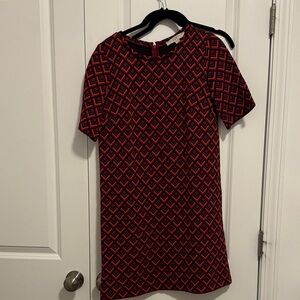 LOFT Geometric Burgundy, Orange and Black Shift Dress